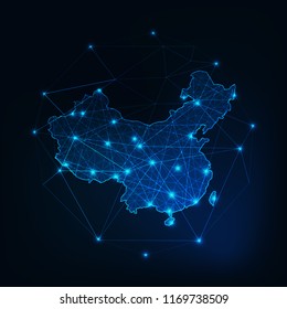 China map glowing silhouette outline made of stars lines dots triangles, low polygonal shapes. Communication, internet technologies concept. Wireframe futuristic design. Vector illustration.