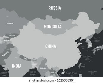 China map - grey colored on dark background. High detailed political map of China and neighboring countries with country, capital, ocean and sea names labeling.
