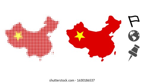 China map halftone vector icon and solid version. Illustration style is dotted iconic China map icon symbol on a white background. Halftone pattern is round items. Some bonus pictograms.