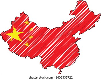 China map hand drawn sketch. Vector concept illustration flag, childrens drawing, scribble map. Country map for infographic, brochures and presentations isolated on white background. Vector