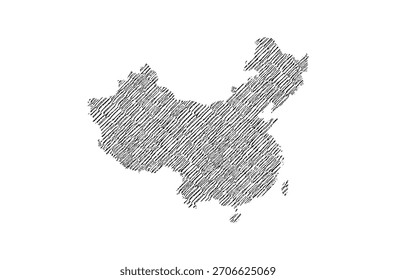 China mapa mão desenhado esboço no vetor de fundo branco, mapa de estilo de hachura à mão livre, mapa vintage.