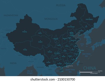 China map. High detailed map of China with countries, borders, cities, water objects. Vector illustration eps10