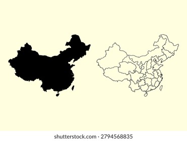 china map icon with black silhouette and thin outline for travel and education