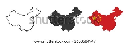 China map icon collection, China map sign vector set in outline, solid and nation flag style