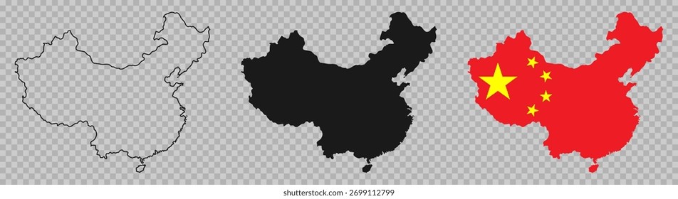 China map icon set. China map signs - outline, solid and Chinese national flag. Vector illustration.