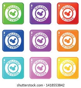 China map icons set 9 color collection isolated on white for any design