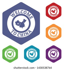 China map icons vector colorful hexahedron set collection isolated on white