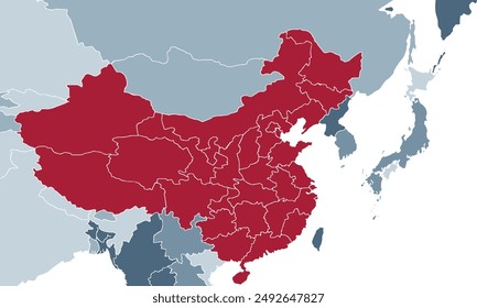 Chinakarte mit individuellen Farben, isoliert auf weißem Hintergrund für Website-Layouts, Hintergrund, Bildung, präzise, anpassbar, Reisen weltweit, Karte Silhouetten-Hintergrund, Erdgeographie, Politisch, Berichte