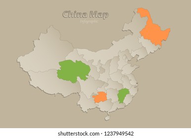 China map with individual states separated, infographics vector