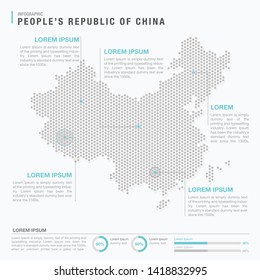 China map infographics with abstract pixelated dot pattern on white background. Stylized map concept with elementsl. - Vector illustration