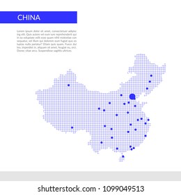 China map infographics background, blue grid and dots.