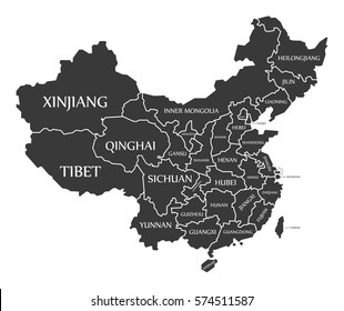 China Map labelled black illustration