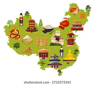 Mapa de China con Lugares famosos. Lugares de cultura de viaje por carretera