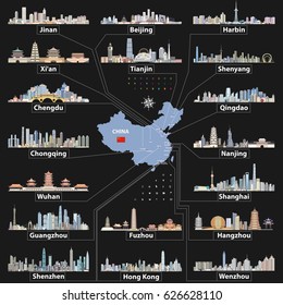 China map with largest chinese city skylines. Vector illustration