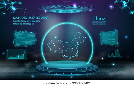 china map light connecting effect background. abstract digital technology UI, GUI, futuristic HUD Virtual Interface with china map. Stage futuristic podium in fog.