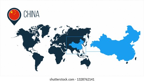 China map located on a world map with flag and map pointer or pin. Infographic map. Vector illustration isolated on white background.