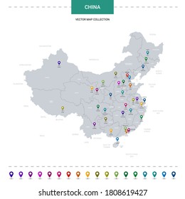 China map with location pointer marks. Infographic vector template, isolated on white background. 