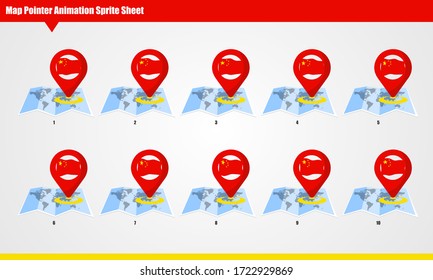 China Map marker with animated flag Sprite Sheet. Smooth waving animation sprites on white background.