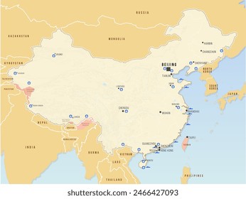 China bildet Militärbasen und Nachbarländer ab. Vektorgrafik Map Illustration. Geopolitisches Mengenkonzept.