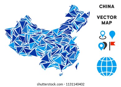 China map mosaic of blue triangle items in various sizes and shapes. Vector polygons are arranged into geographic China map illustration. Geometric abstract vector illustration in blue color tinges.
