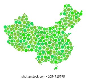 China Map mosaic of circle elements in various sizes and ecological green color tinges. Vector round dots are composed into china map mosaic. Ecological design concept.