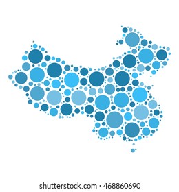China map mosaic of circles in various sizes. Blue dotted vector map on white background.