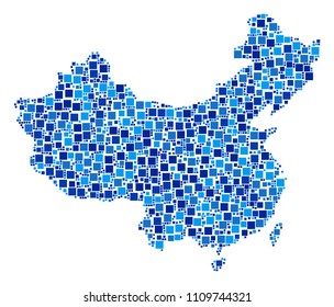 China map mosaic of random square elements in different sizes and blue color tints. Vector dots are organized into China map collage. Abstract geographical scheme design concept.