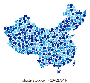 China Map mosaic of small circles in various sizes and blue color tinges. Random dots are composed into China Map composition. Vector geographical blue map design concept.