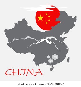 China map with mountain and sakura flowers