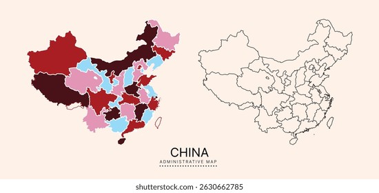 Mapa de China com distritos administrativos separados por multicores, camadas separadas editáveis, zonas e bordas. Mapa para apresentação. Ilustração vetorial