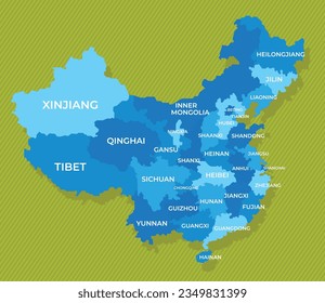 China map with names of the regions blue political map green background vector illustration