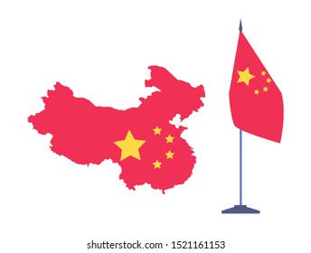 China map and national flag on stick, republic element for presentation, emblem decoration, state region in flat design style, banner and area vector