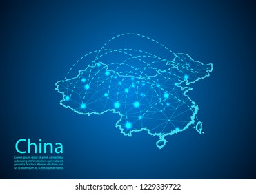 china map with nodes linked by lines. concept of global communication and business. Dark china map created from white dots with travel locations or internet connection.