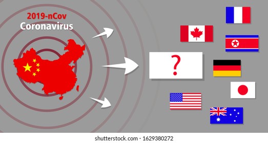 China map on gray background with flags of countries where outbreaks of  2019-nCov were detected. Сoncept of question "who is next?" and disease spread. Pandemic virus infection from Wuhan, China.