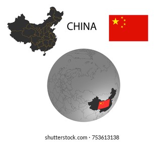 China map on a world map with flag in globe,white background.