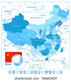 China Map and Map Pointers in Colors of Blue. Detailed vector map of China.