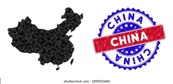 China map polygonal mesh with filled triangles, and unclean bicolor stamp seal. Triangle mosaic China map with mesh vector model, triangles have variable sizes, and positions, and color tints.