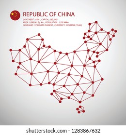 China map in polygonal network style with circle flag and information.(EPS10 art vector)