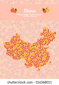 China map poster or card. Vegetarian postcard. Map of China made out of pink nectarines. Illustration. Series: World's Largest peach and nectarine Producing Countries. Can be used as seamless pattern.