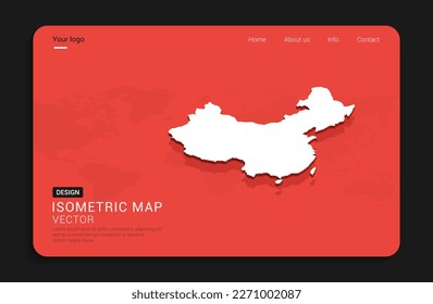 China map red isolated on dark background with 3d world map isometric vector illustration.