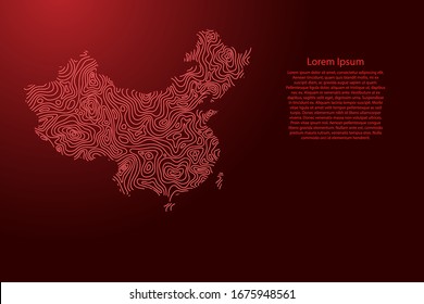 Mapa de China de aislados rojos o líneas de nivel de la cuadrícula de mapas topográficos. Ilustración vectorial.