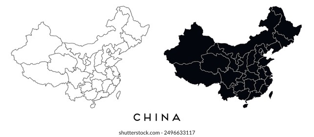 Mapa de China de regiones y distritos Vector negro sobre blanco y contorno