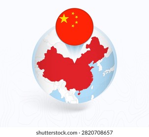 China Map with Round China Flag Pin Pointer on Circular Globe. Vector map icon.