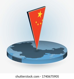 China map in round isometric style with triangular 3D flag of China, vector map in blue color. 