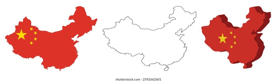 China Map Set . 3D China Map. Official Color and Outline Map . High-Quality Vector Illustration . Detailed China Geography Map for Travel. Education and Design . 