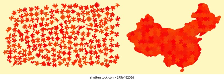 Forma de mapa de China hecha de diferentes tonos rojo - color nacional - piezas de rompecabezas de rompecabezas, 215 bloques dispersos y versión terminada
