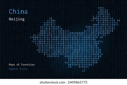 China Map Shown in Binary Code Pattern. TSMC. Blue Matrix numbers, zero, one. World Countries Vector Maps. Digital Series