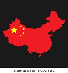 China map silhouette with flag on black background