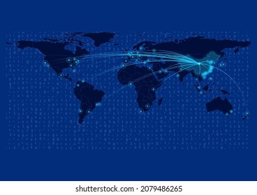 China map for technology or innovation or export concepts. Connections of the country to major cities around the world. File is suitable for digital editing and prints of all sizes.