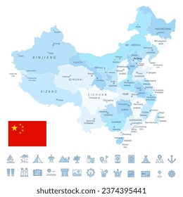 China Map and Travel Flat Icons with Spotted Soft Blue Colors. Vector illustration.